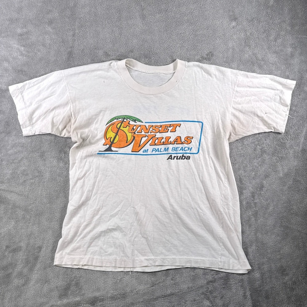 Vintage Single Stitch T-Shirt Men S White Sunset Villas Aruba Thin 18x20